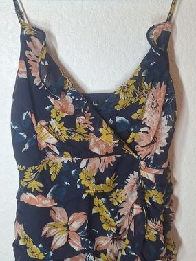 Lulus Stunning Soiree Navy Blue Floral Ruched Midi Dress M